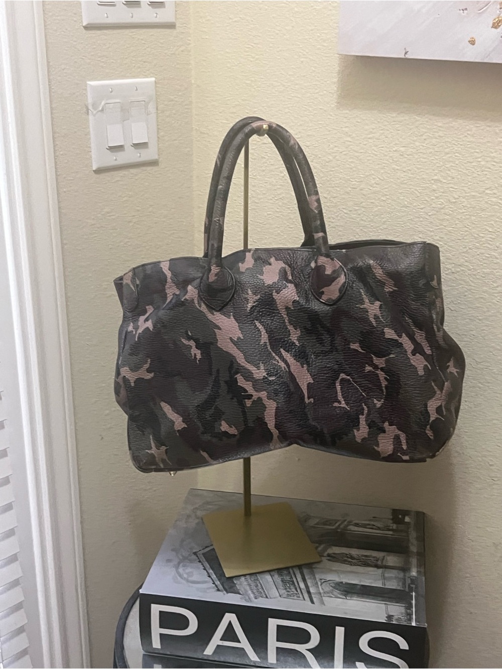 Mark & Graham Black and Pink Camouflage Leather Tote